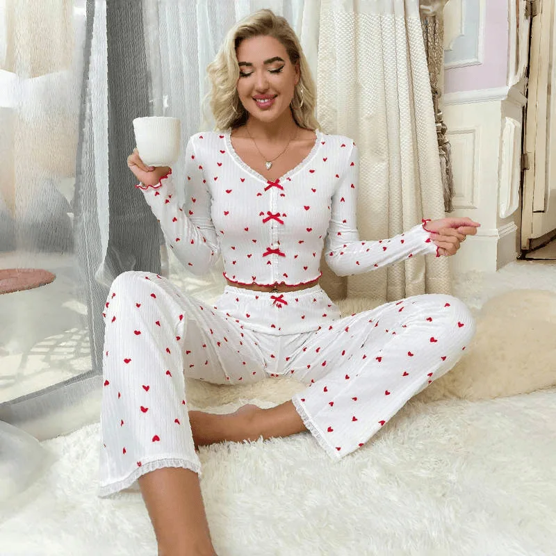 Home Wear Printed Heart V-neck Long-sleeved Pajamas for Women Long-sleeved Long Pants Two-piece Suit