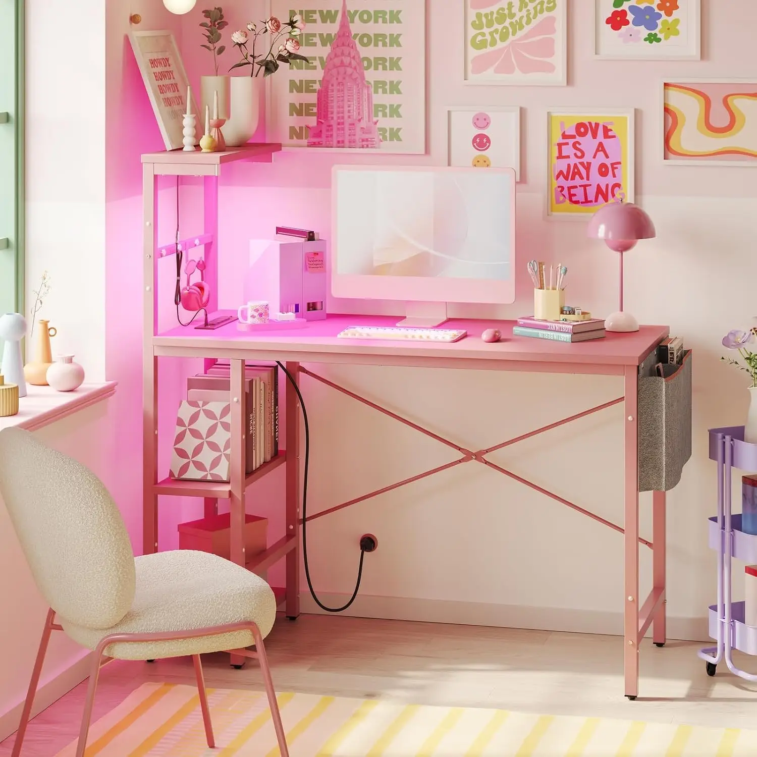 Pink Gaming Desk with Power Outlets 44 Inch LED 4 Tiers Reversible Shelves Headset Hook & Side Storage Bag Bedroom, Customized