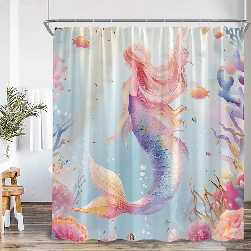

Pink Mermaid Shower Curtain Bath Curtain for Girls Children Bathroom Undersea Ocean Theme Bath Decoration with Hook