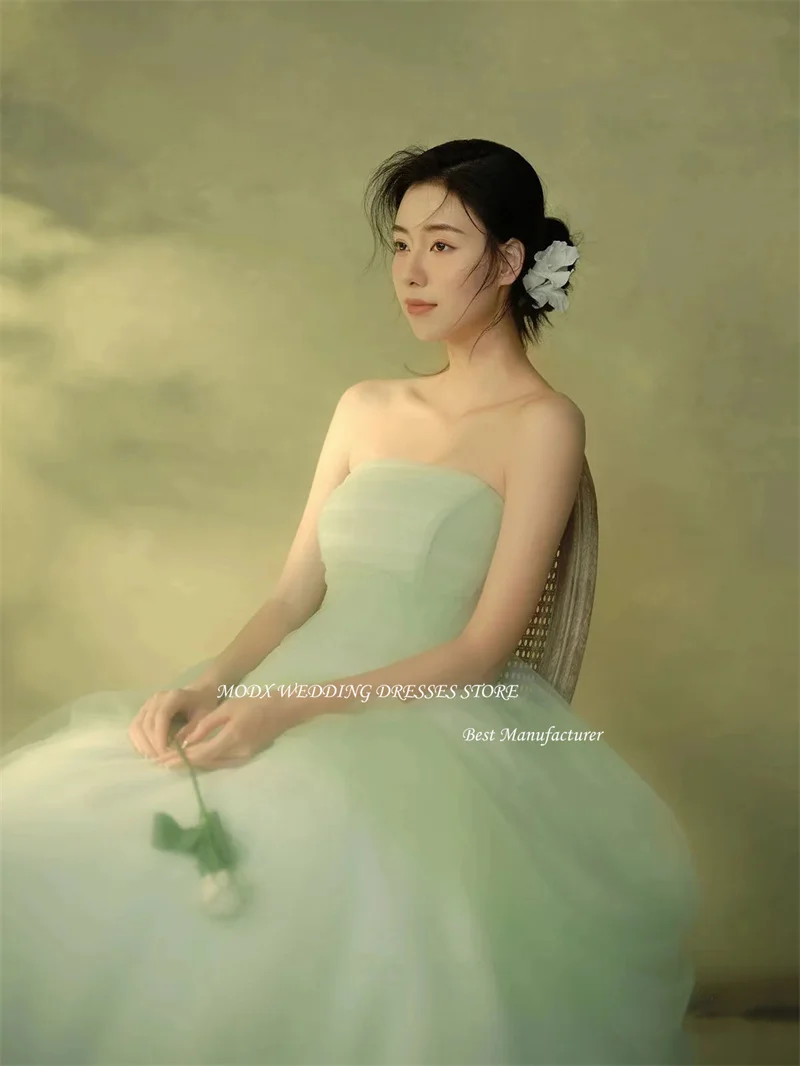 MODX Fairy Light Green Tulle Wedding Dresses Korea Photoshoot Strapless Tiered Garden Bridal Gowns Corset Back Evening Party