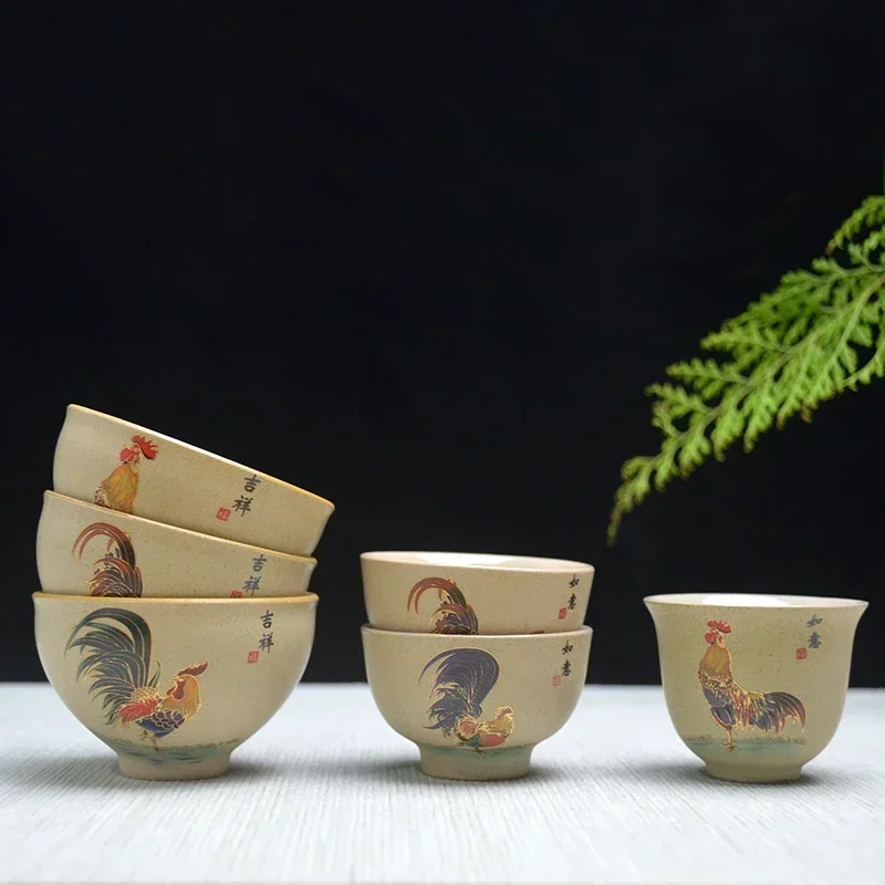 Antique Pottery Ceramic Teacup Hand Painted Cock Tea Cup Travel Portable Tea Bowl Pu\'er Master Cup Chinese Tea set Accessories