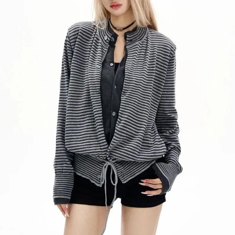 American Fake Two Pieces Striped Knitted Cardigan Women Drawstring Inner Stand Collar Autumn Button Long Sleeve Loose Sweaters