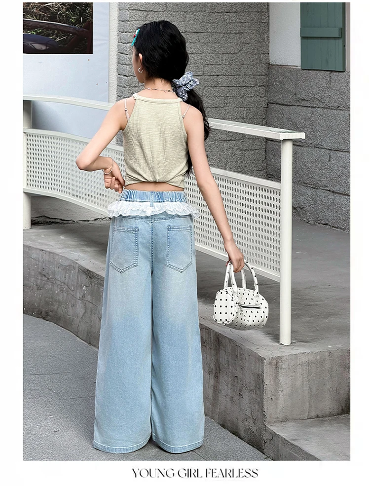 Neue Süße Schleifenjeans mit Spitze für Teenager-Mädchen, Beliebte Hochgeschnittene Gerade Denim-Hosen, Kinder Casual Sommer-Jeans-Hosen – Detail 4