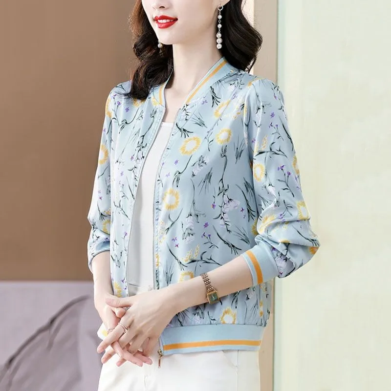 Women's Lightweight Floral Print Silk Thin Silk Cardigan Outerwear For Women Moms Uv Top
