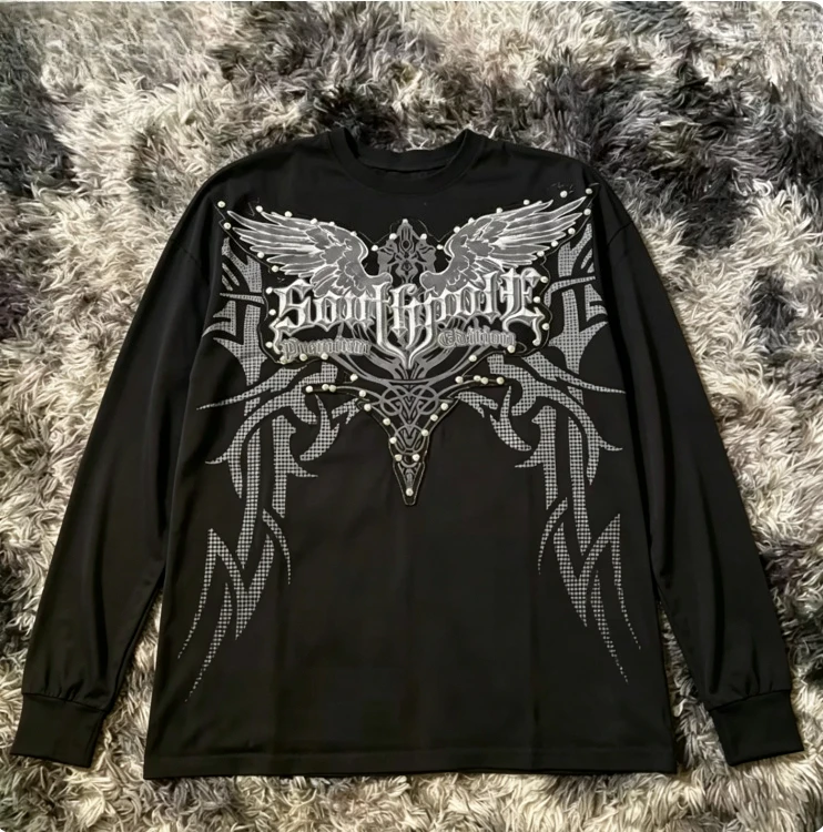 ゴシックウィング柄長袖Tシャツ ポリエステル繊維 ラウンドネ - Street Fashion Clothes のレビューと価格