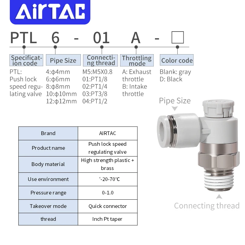 AIRTAC PTL6-8-10-12/01-02-03-04 Throttle valve Connector with lock Push lock type speed regulating valve throttle valve