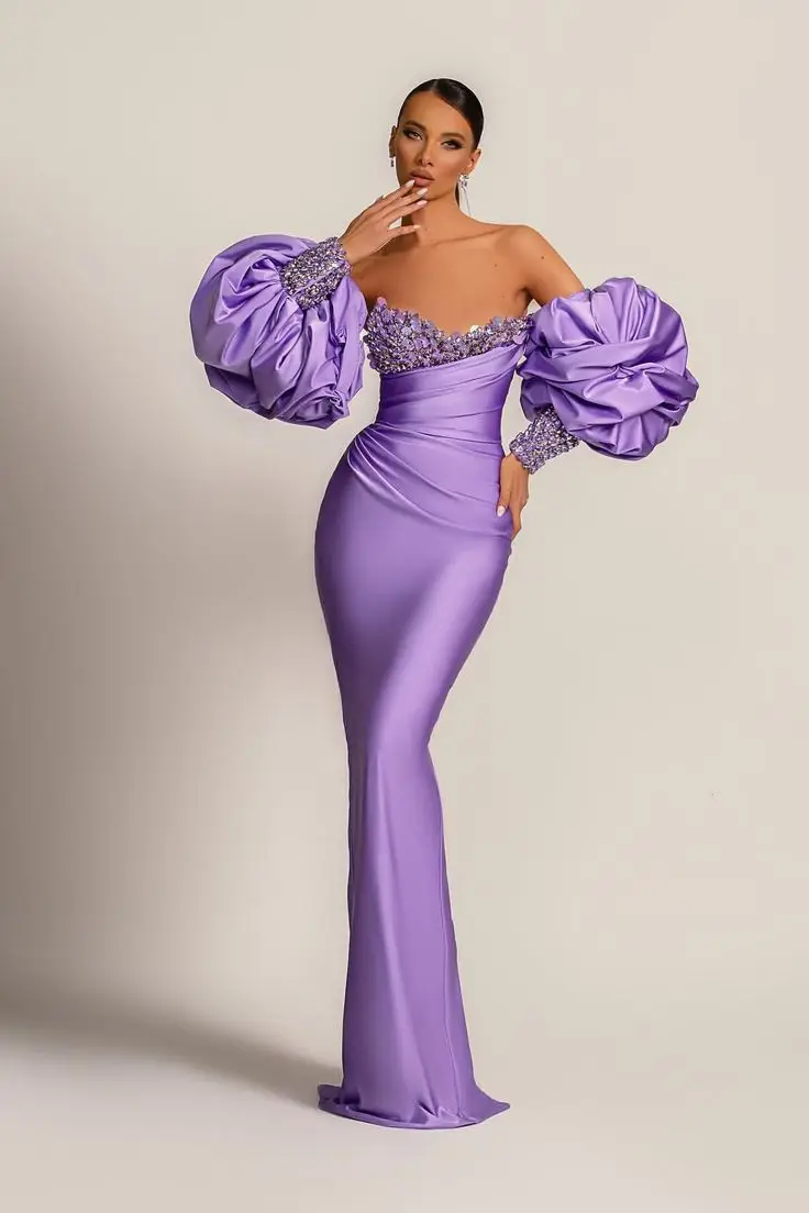 

Lilac Evening Dresses Mermaid Sequined Long Off Shoulder Puffy Sleeves Formal Party Prom Gowns Women Graduation Gown