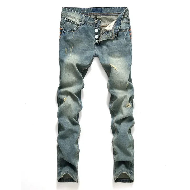 Calça jeans rasgada reta masculina ajuste regular, calça jeans velha, nova marca, plus size simples, na moda