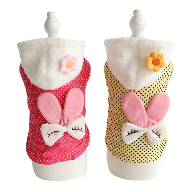 2024 Autumn and Winter New Rabbit Ears Little Dot Cotton Coat Cat Clothing Pet Dog Clothing Puppy Clothes Dog Clothes