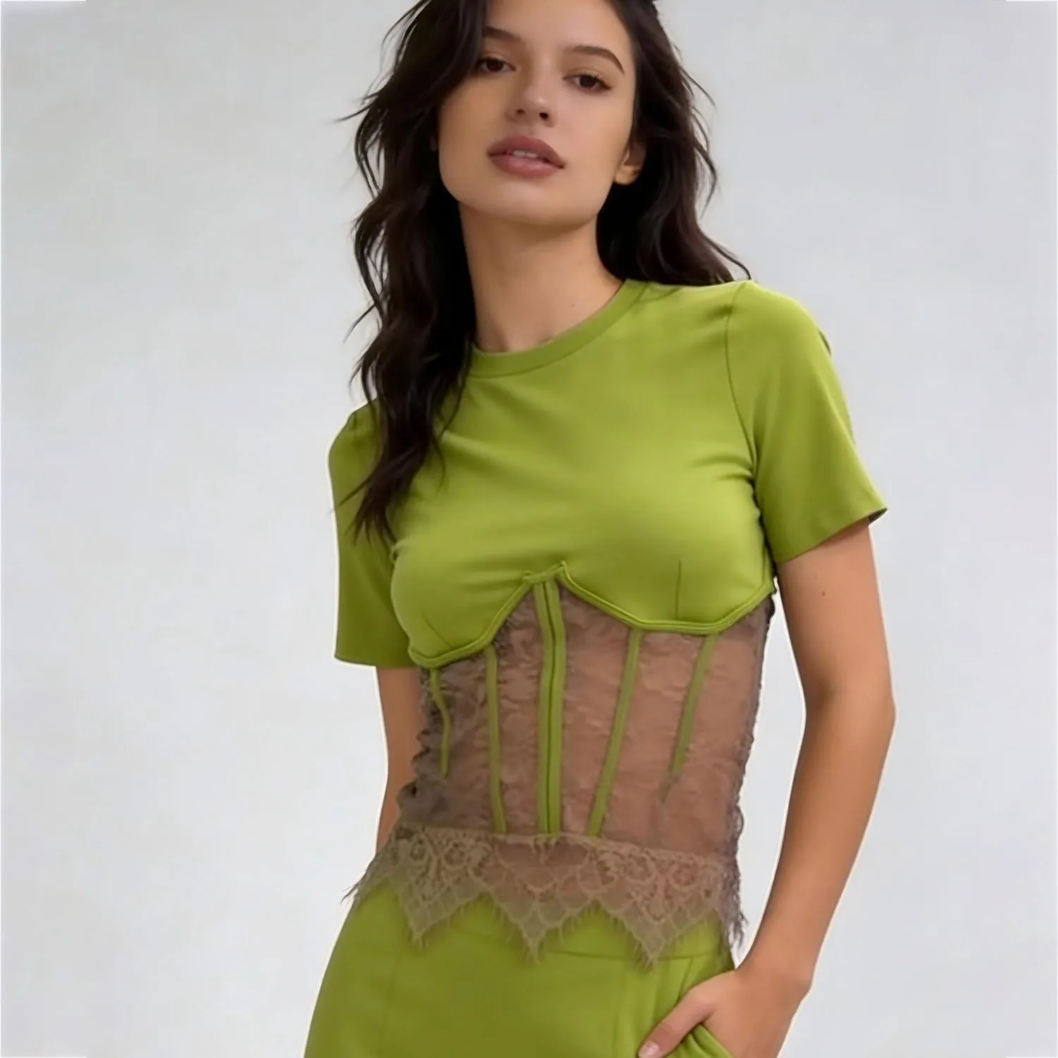 

Женский кружевной пуловер LIMO, кружевной дизайн с элементами «рыбья кость» на талии, молния сзади и ремешок для утяжки талии, облегающий топ для вечеринок