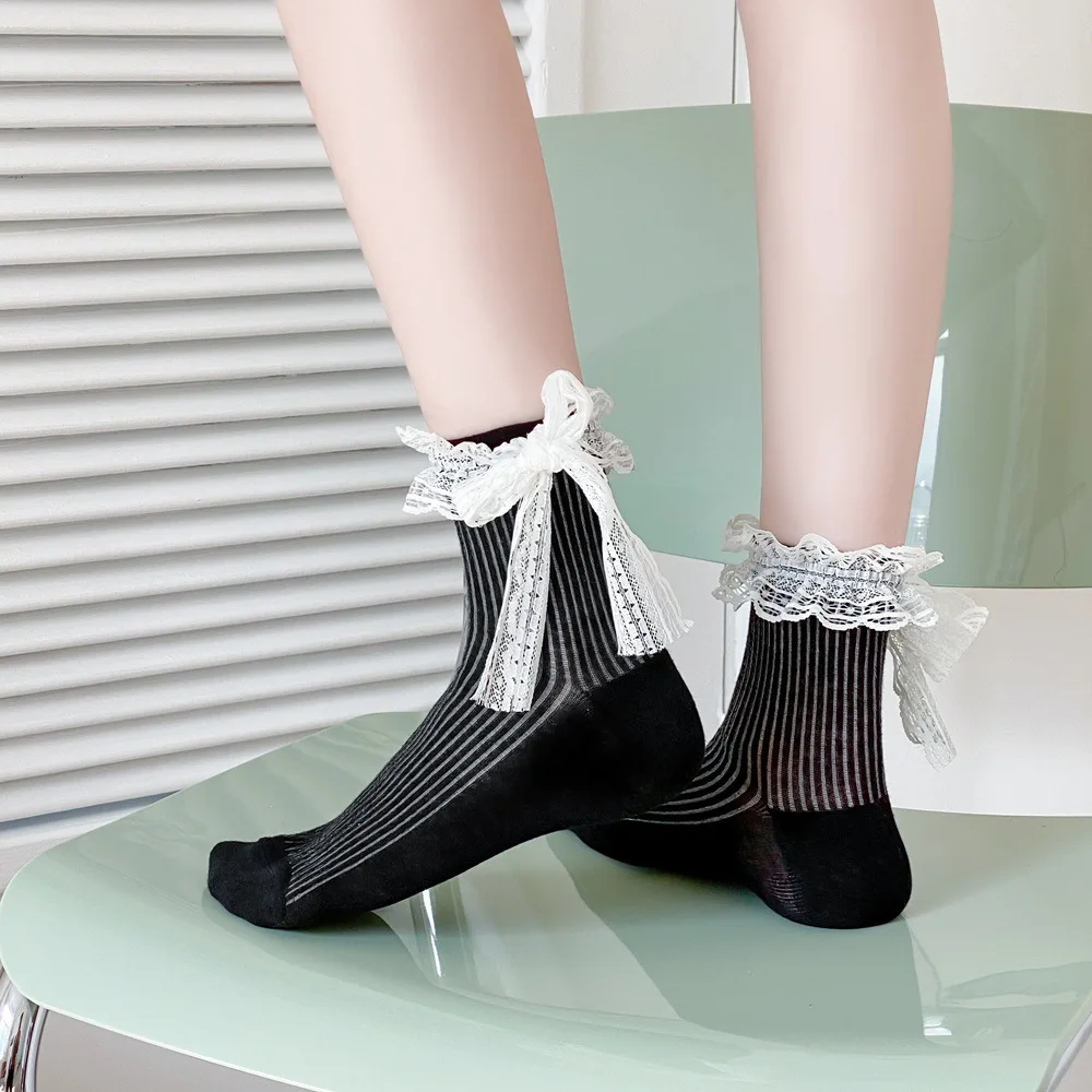 

Fashion Stripe Lace Bow Socks Bowknot Lolita Balletcore Cotton Socks Anti-slip Harajuku Style Calf Leg Hosiery Summer