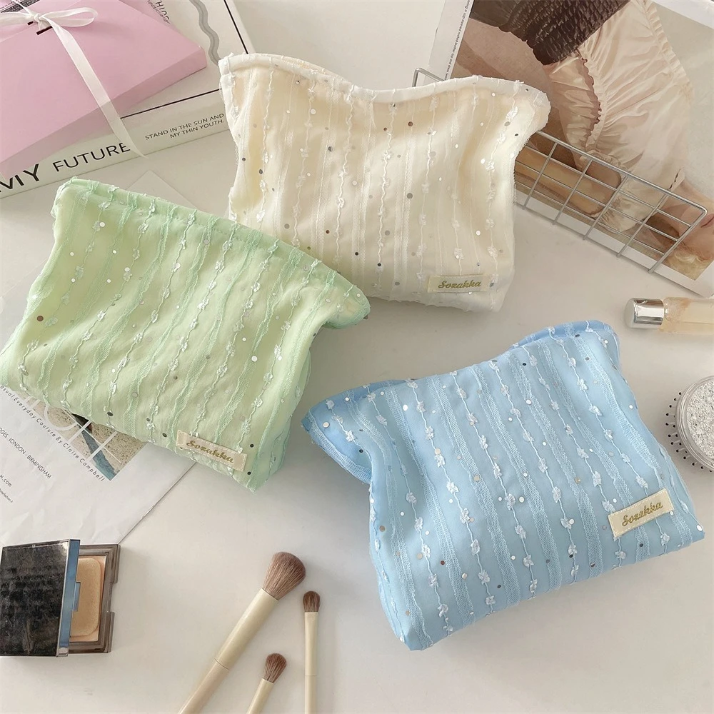 Lace Striped Paillette Cosmetic Bag Portable Travel Toiletry Bag Washing Cosmetic Organizer Makeup Storage Bag