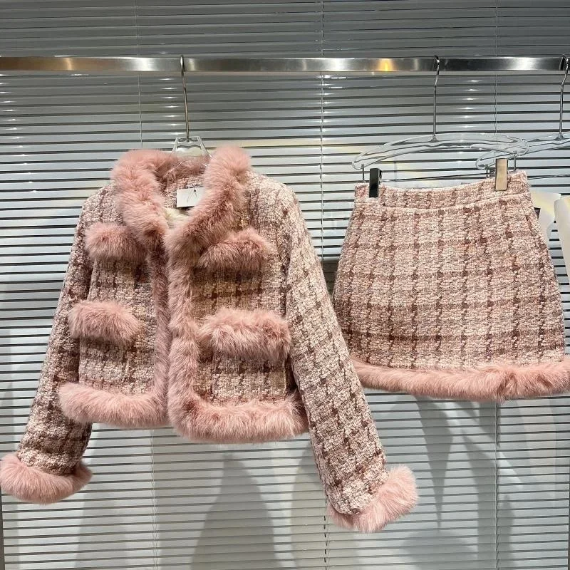 Winter Long Sleeve Fur Collar V Neck Pink Plaid Tweed Coat Short Bodycon Skirt Two Piece Set Outfits Gd524