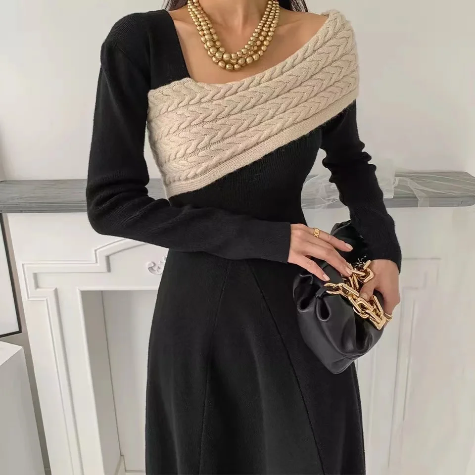 Chic Fashion Design Autumn Spring Knitting Midi Dress Elegant Women V Neck Black Patchwork Long Sleeve Slim Waist Sweater Dress