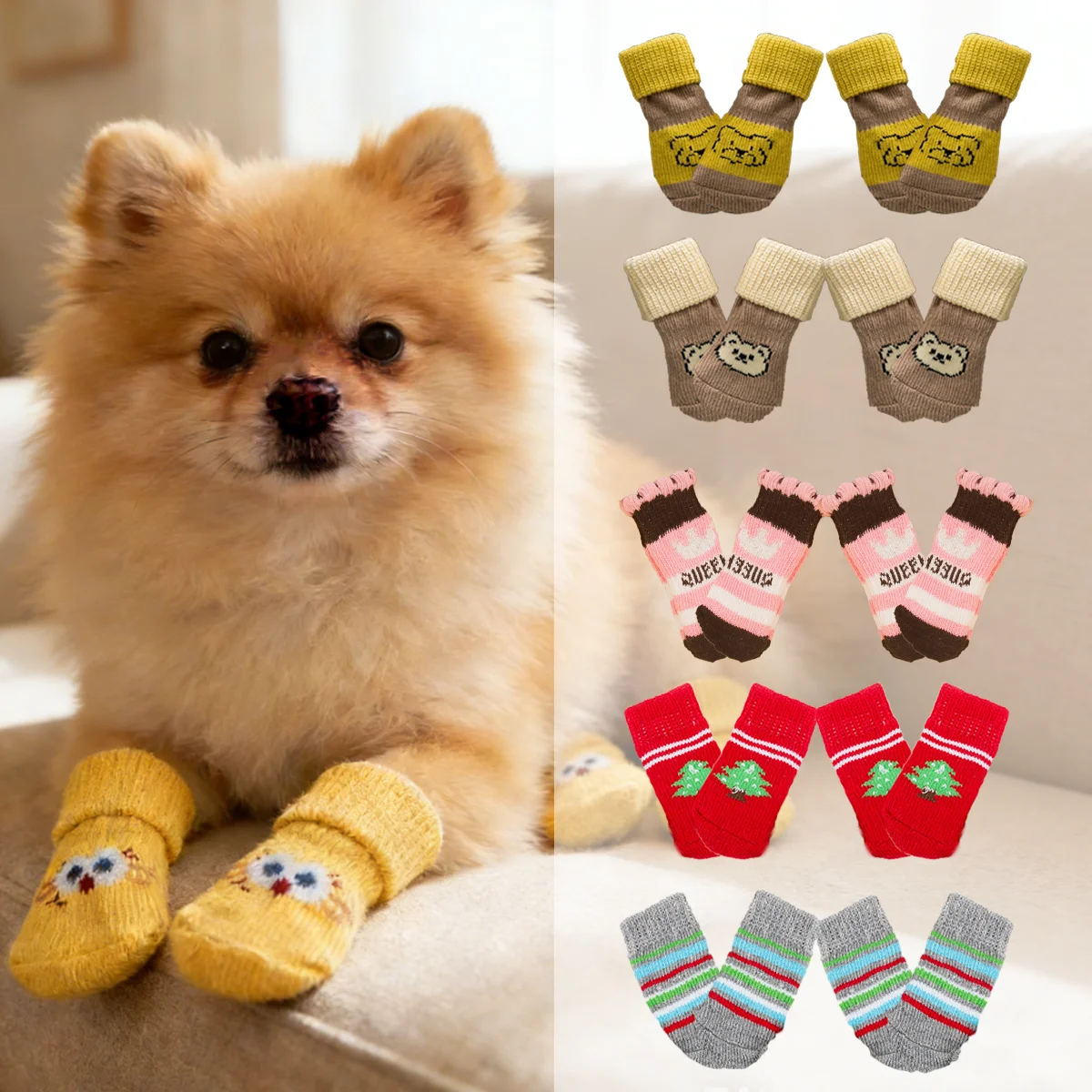 4 Pcs Pet Anti-slip Socks Cat & Dog Cute Winter And Autumn Warm Socks Anti-slip Traction Protecting Paws From Wear Tear Licking.