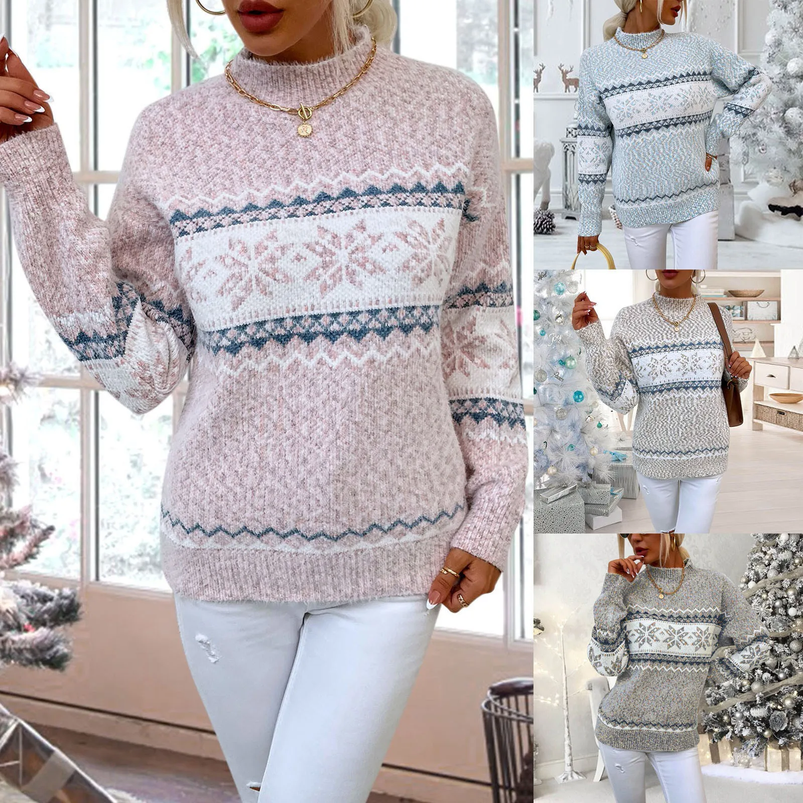 Femme 2024 Fall Winter Snowflake Pattern Christmas Sweater Women Round Neck Long Sleeve Elegant Female Knit Pullover Tops