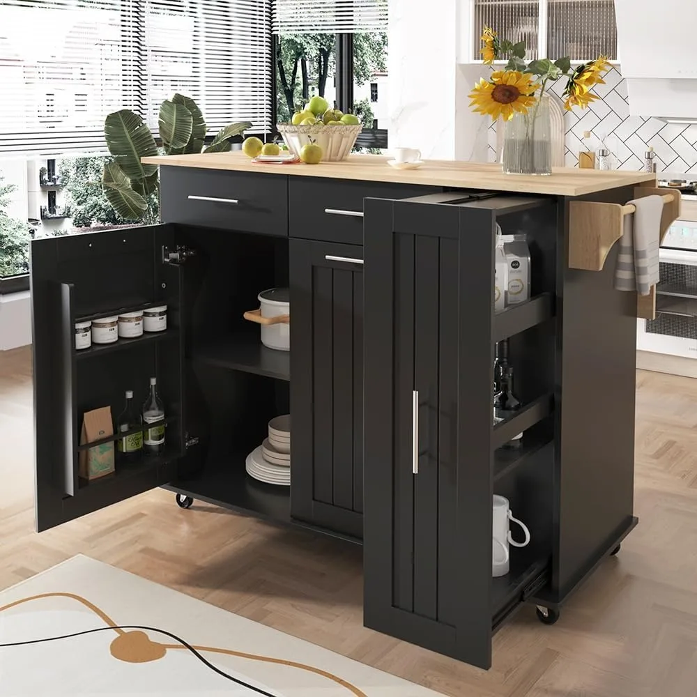 Kitchen Island, with Storage Cabinet and Drawers, Island Table for Kitchen with Towel and Spice Rack, Kitchen Cart