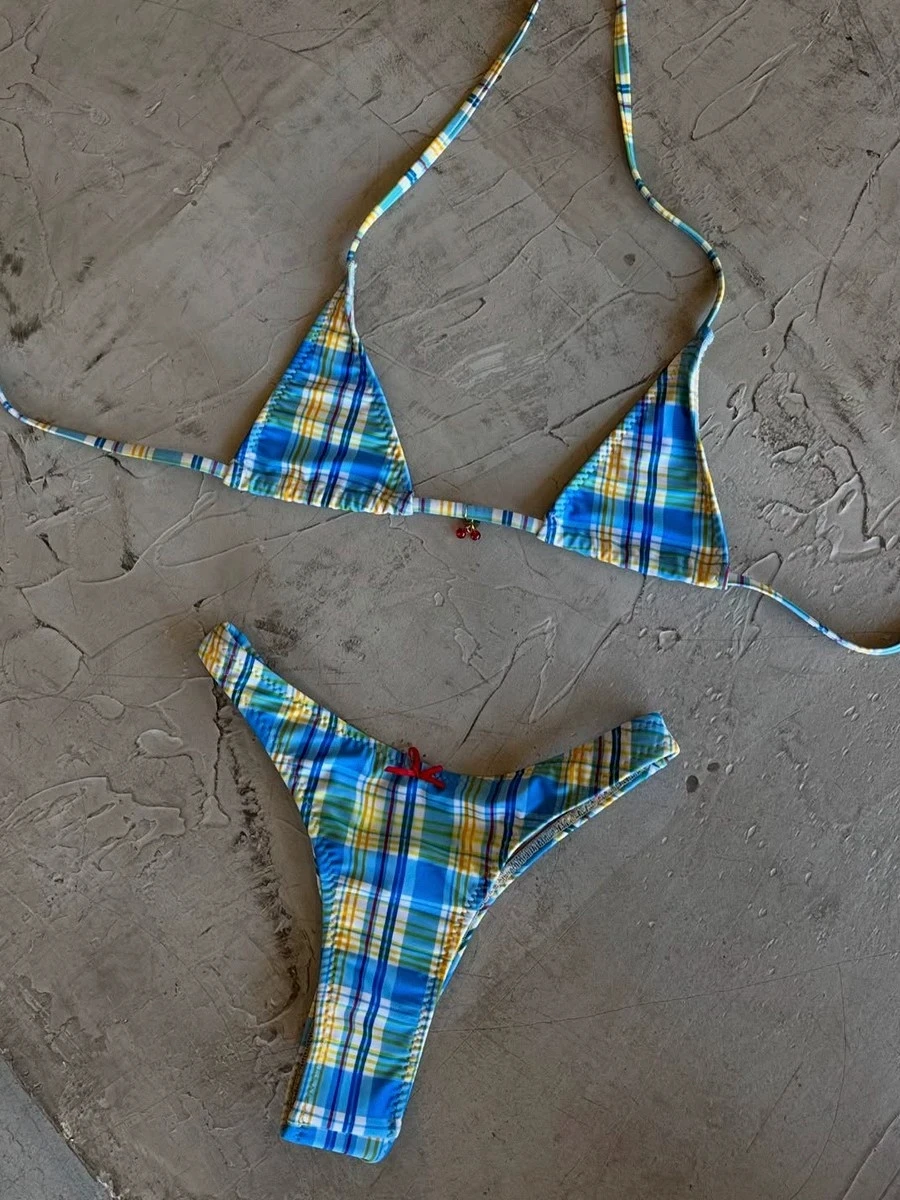 Microbikini a cuadros azules para mujer, traje de baño Sexy con cuello Halter, Push Up, Tanga con lazo, traje de baño para vacaciones de verano, traje de baño triangular 2025