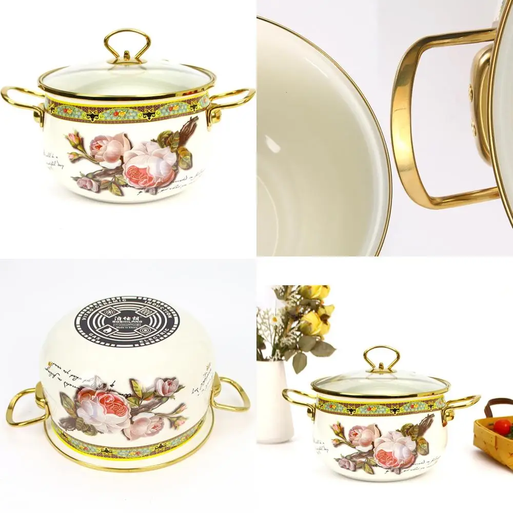 

Nonstick Enamel Stockpot with Glass Lid, Vintage Floral Stainless Steel Pot, Cooking Pots for Stew and Simmering, Ideal for Ever
