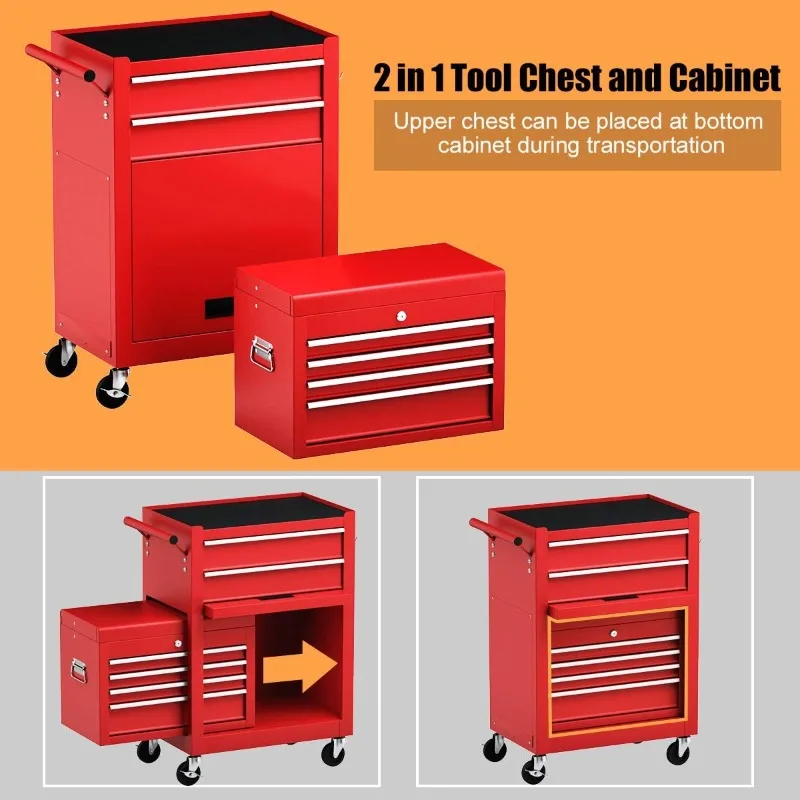 

Rolling Tool Chest, 6-Drawer Tool Box Organizer W/Auto Locking System & Lockable Wheels & Sliding Drawers & Detachable To