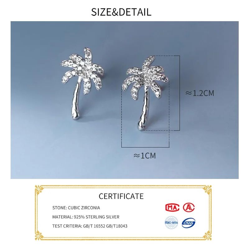 INZATT Real 925 Sterling Silver Zircon Coconut Tree Stud Earrings For Fashion Women Trendy Fine Jewelry Minimalist Plant Bijoux