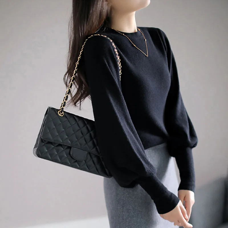round Neck Knitted Sweater Base Shirt Lantern Sleeve Casual Wear for Teens And Young Adults Non Adjustable Unfoldable Hat