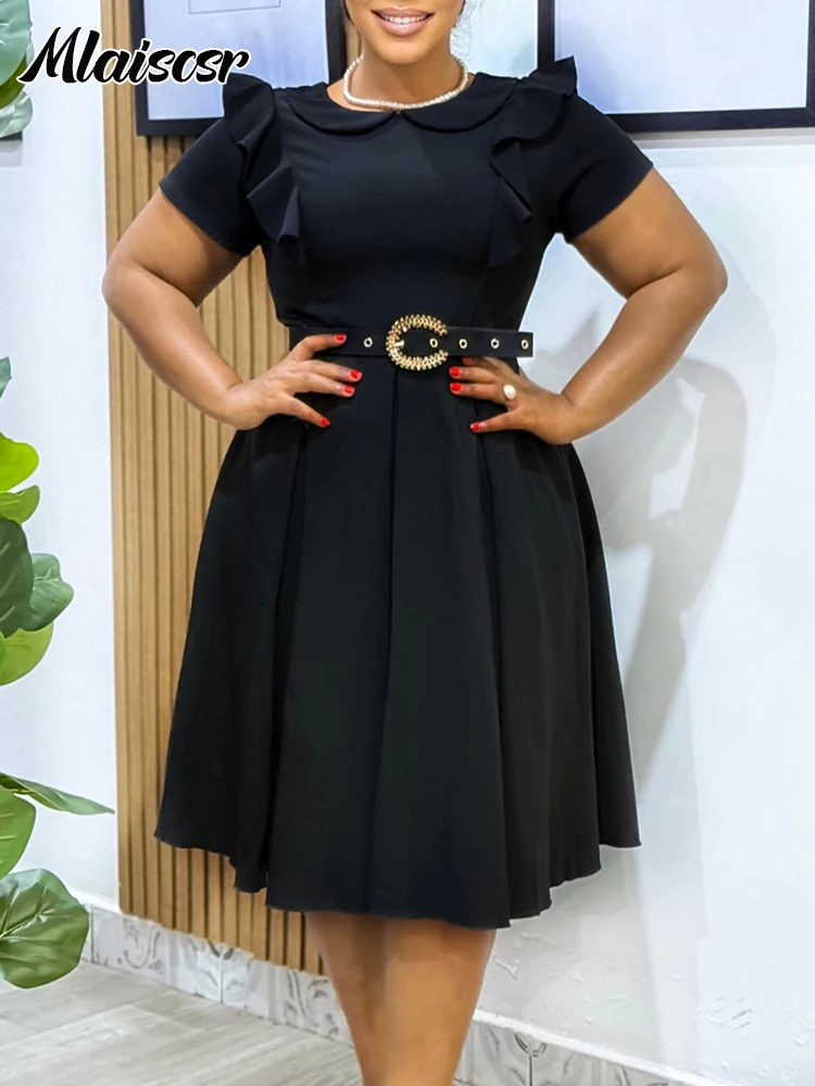 Mlaiscsr élégant bureau une ligne mi robe femmes volants manches courtes ceintures mode soirée anniversaire mariage invité robes 2025