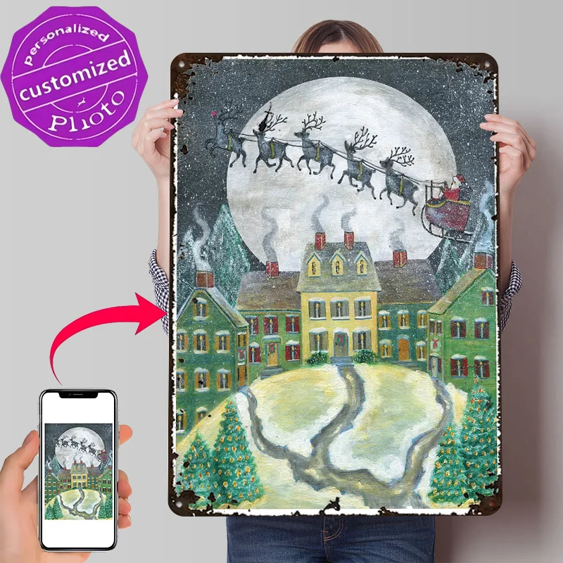 Santa's Sleigh Over Snowy Village 3D Printed Texture Poster Personalized Wall Art Retro Metal Tin Signs for Home Decoration Room