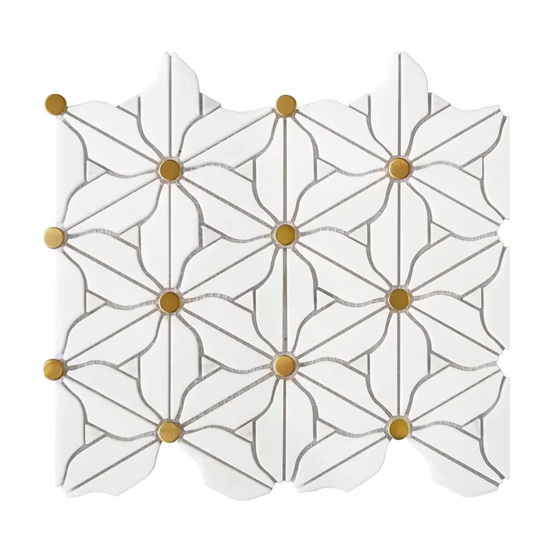 Water Jet Flower Marble Mosaic Brass Inlay Tile for Kitchen Backsplash And Bathroom Wall - Elegant Decorative Tile