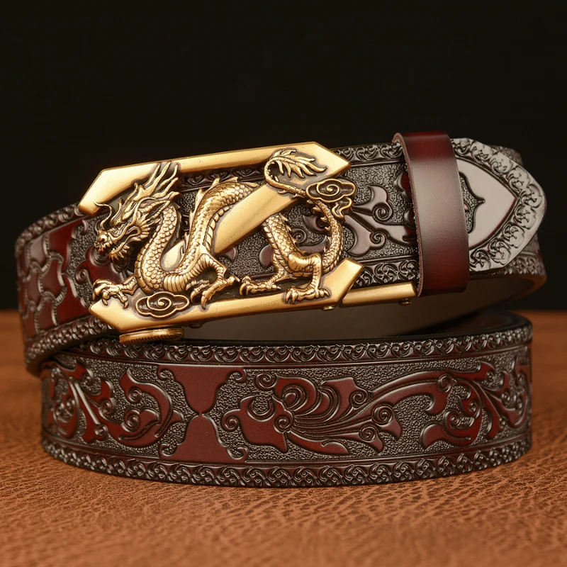 

New Arrivel Embossing Retro Technology Belts for Men Genuine Cowhide Leather Belt with Dragon Pattern Automatic Buckle