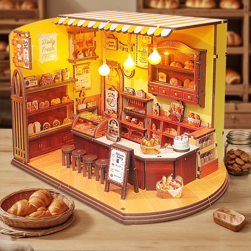 บ้านตุ๊กตาไม้รุ่นใหม่ ร้านเบเกอรี่จิ๋ว พร้อมชุดเฟอร์นิเจอร์ แบบประกอบ 3 มิติ ของเล่น DIY บ้านตุ๊กตาสำหรับเด็กและผู้ใหญ่ ของขวัญคริสต์มาส