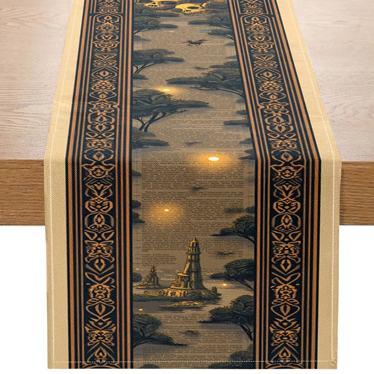 

1 Piece of Fantasy Moonlit Night Skeleton Table Runner, Featuring a Vintage Brown Background with Carved Borders, Moonlit Night Skeletons and Mysterious Scenes, Suitable for Halloween Parties, Fantasy-Themed Restaurants, Art Studios, Vintage Cafes, Cultur