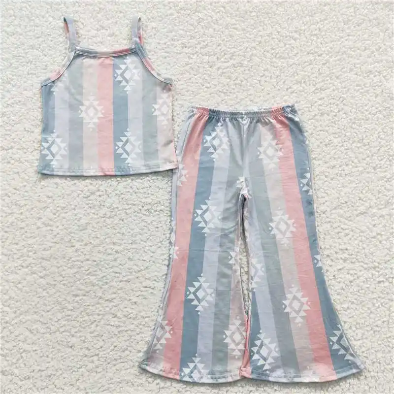 8.08 Wholesale Girls Summer Short-Sleeved Suit Suspenders Multi-Element Striped Geometric Pattern Bell Bottoms