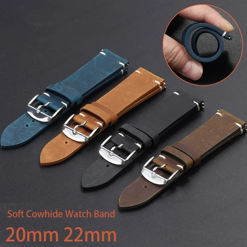 Suede Leather Bracelet 20/22mm Vintage Watch Strap Soft Cowhide WatchBand Handmade Stitching Quick Release Replacement Wristband