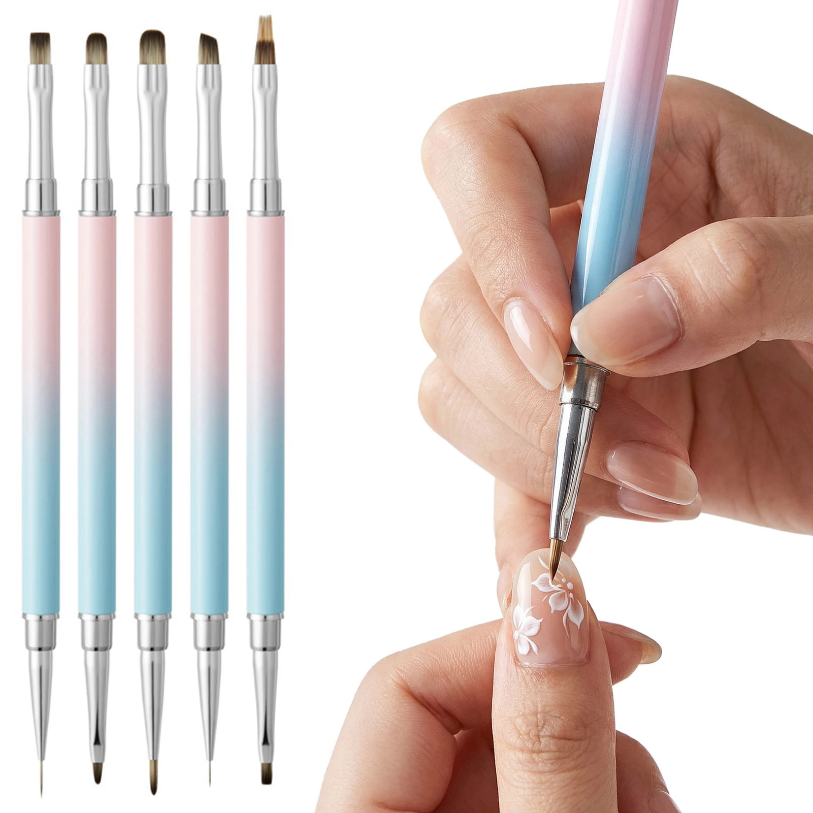 

5Pcs Double Ended Nail Art Brushes Set Pink Blue Gradient Gel Nail Brushes for Striping Blending Dotting