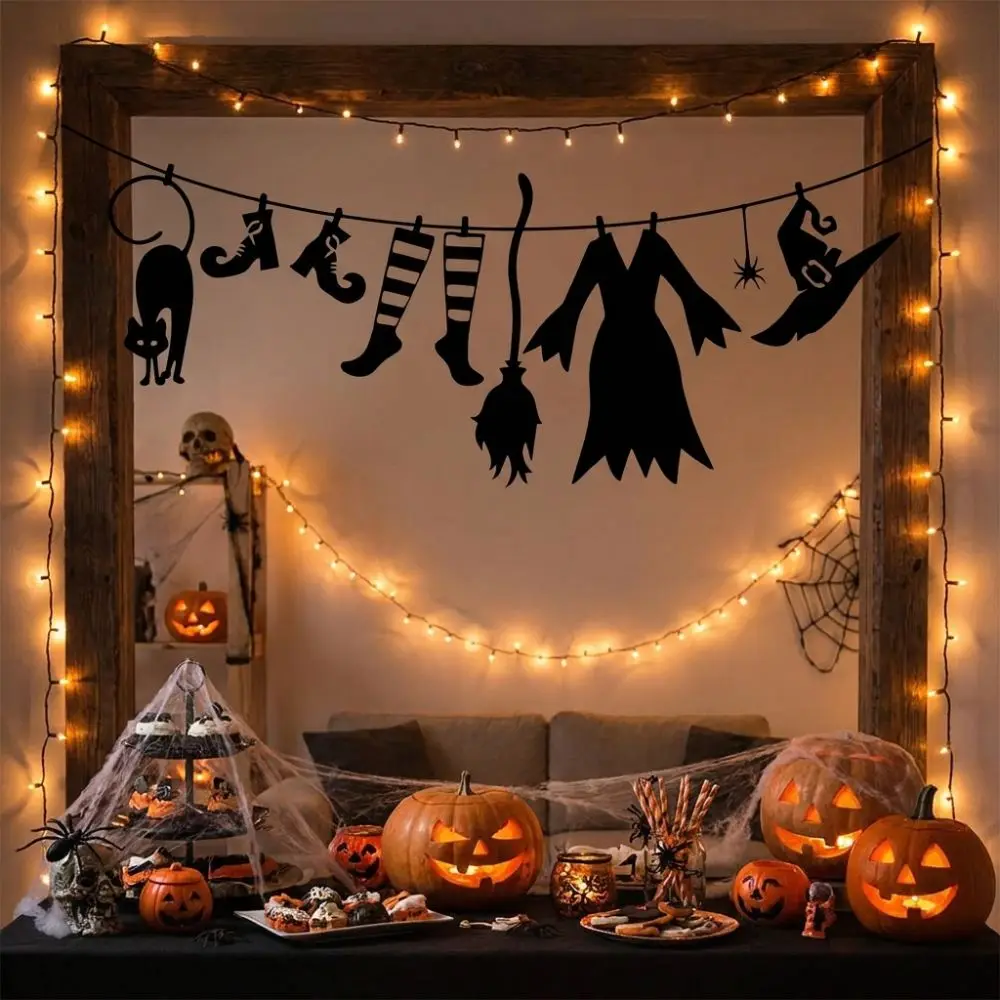 Acrylic Halloween Witch Hat Wall Art Spooky Witch Broom Halloween Wall Hanging Funny Minimal Witch Cloak Hat Party Bunting