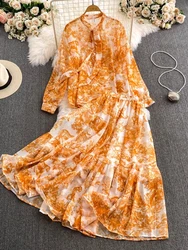 Autumn Women Printed Two Piece Set Vintage Bow Collar Single Breasted Chiffon Blouse + High Waist Long Skirt Suit New Fashion