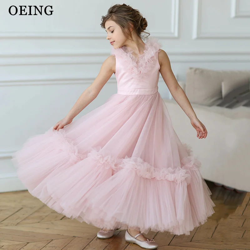 

Элегантное розовое платье для девочек OEING, А-силуэт, без рукавов, с рюшами, из розового тюля, миди, для свадебной вечеринки, на заказ