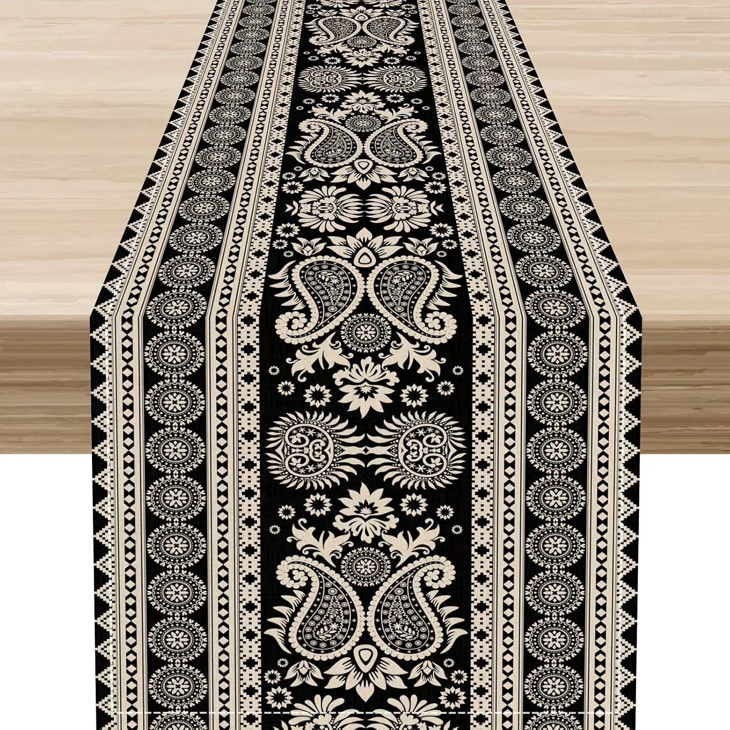 Vintage Paisley Table Runner - Black White Linen Multi-Size 