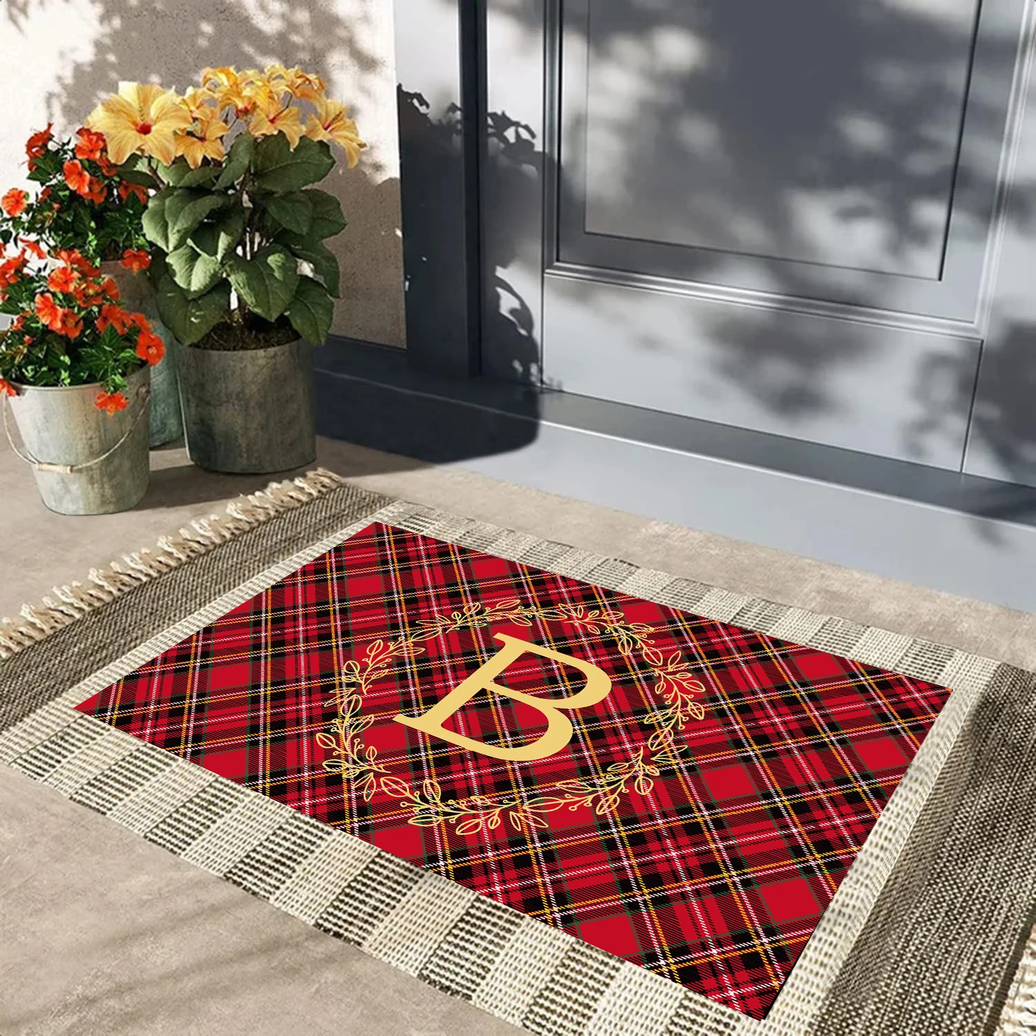 

Personalized Initial Monogram Christmas Tartan Door Mat Custom Last Name Letter Rubber Backing Non Slip Entrance Doormat Home