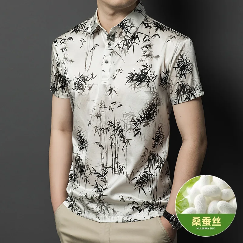 High Quality Real Silk Men's Light Luxury Summer Short Sleeve Youth Fashion Jacquard Trendy T-shirt Clothing