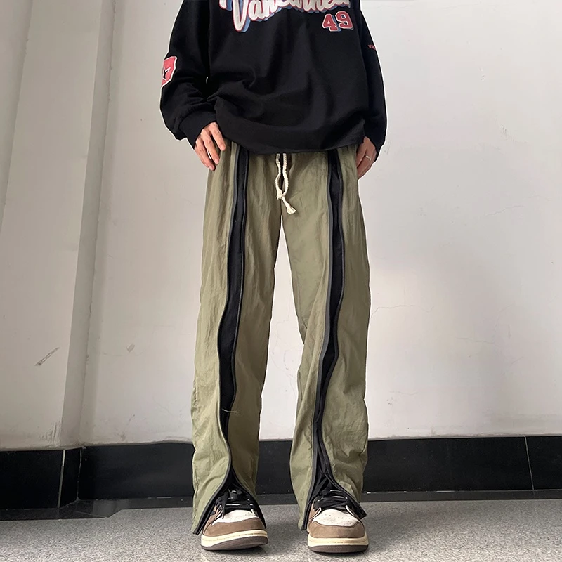 

Mens Fashion Zipper Split Trousers Waterproof Casual Pants Male Hip Hop High Street Loose Straight Pant Harajuku Sweatpants