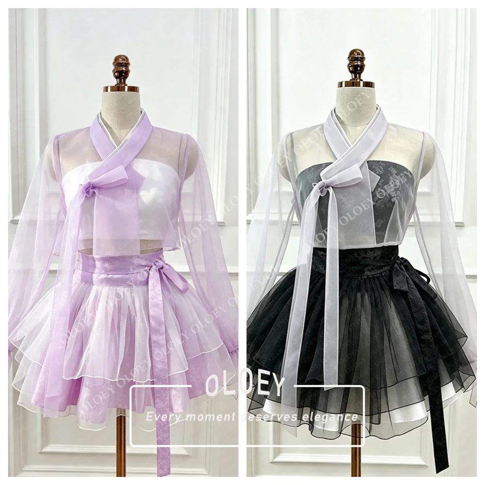 OLOEY Modern Black Red Short Concert Hanbok Set 2 PCS Satin Lace Korean Photo Shoot Mini Performance Dress Customized