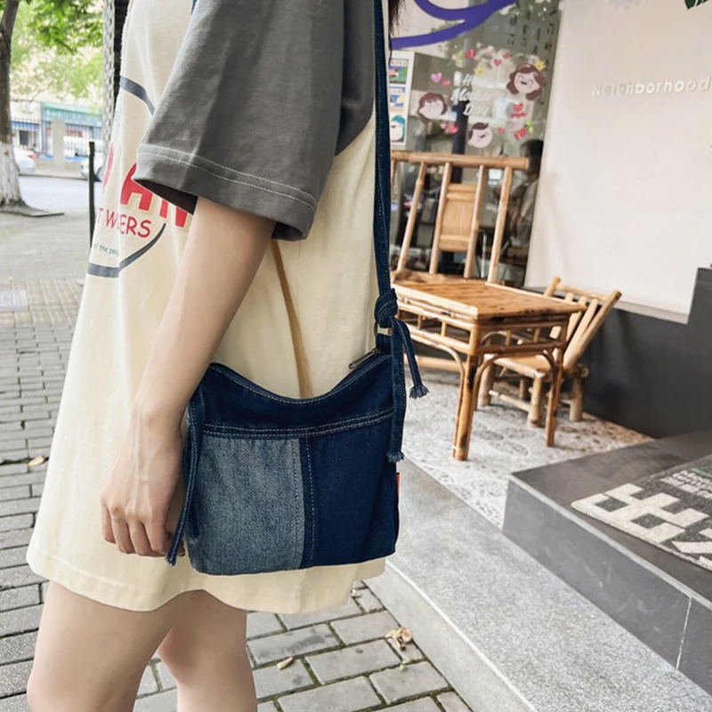 

Women Vintage Crossbody Bag Acubi Altnertive Tote Bag Denim Preppy Messenger Bag Colorblock Casual Shoulder Bags