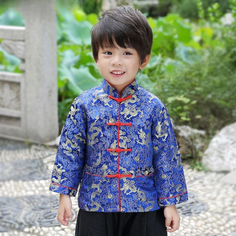 

Chinese New Year Clothes for Kids Spring Costumes Baby Boys Tang Suit Clothes Satin Coat Dragon Printing Tops Pants Wushu Set