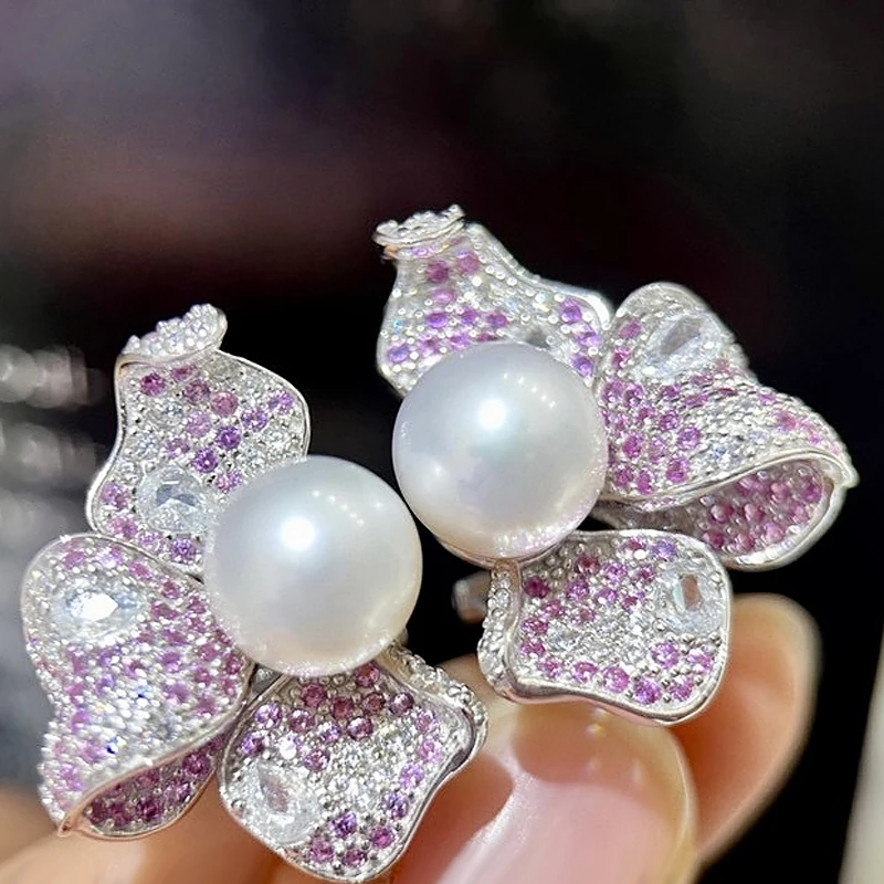 MeiBaPJ 9-10mm Natural Semiround Pearls Fashion Pink Butterfly Stud Earrings 925 Silver Ear Studs Fine Wedding Jewelry for Women