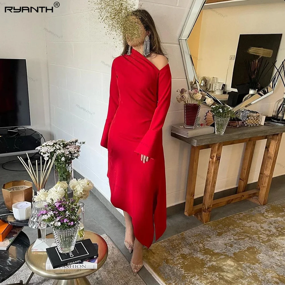 

Ryanth Bright Red One Shoulder O-neck Evening Dress 2024 Satin Ankle Length Long Sleeve New Prom Party Gown Arabic Muslim Style