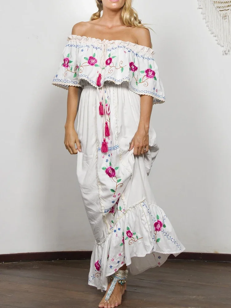 GypsyLady White Boho Floral Embroidered Maxi Dress Off The Shoulder Summer Chic Women Dress Cotton Ladies Holiday Dress Vestidos