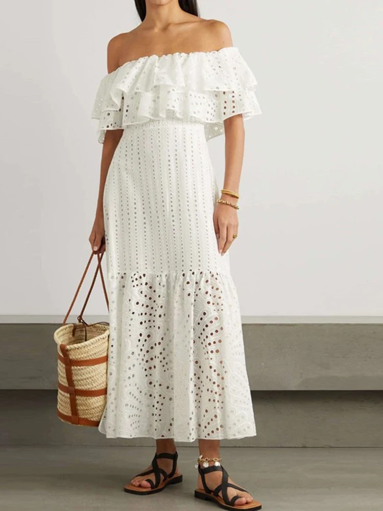 

Summer 2024 new fashion and generous embroidery hollow lotus leaf sleeve dress elastic waist swing holiday elegant dress