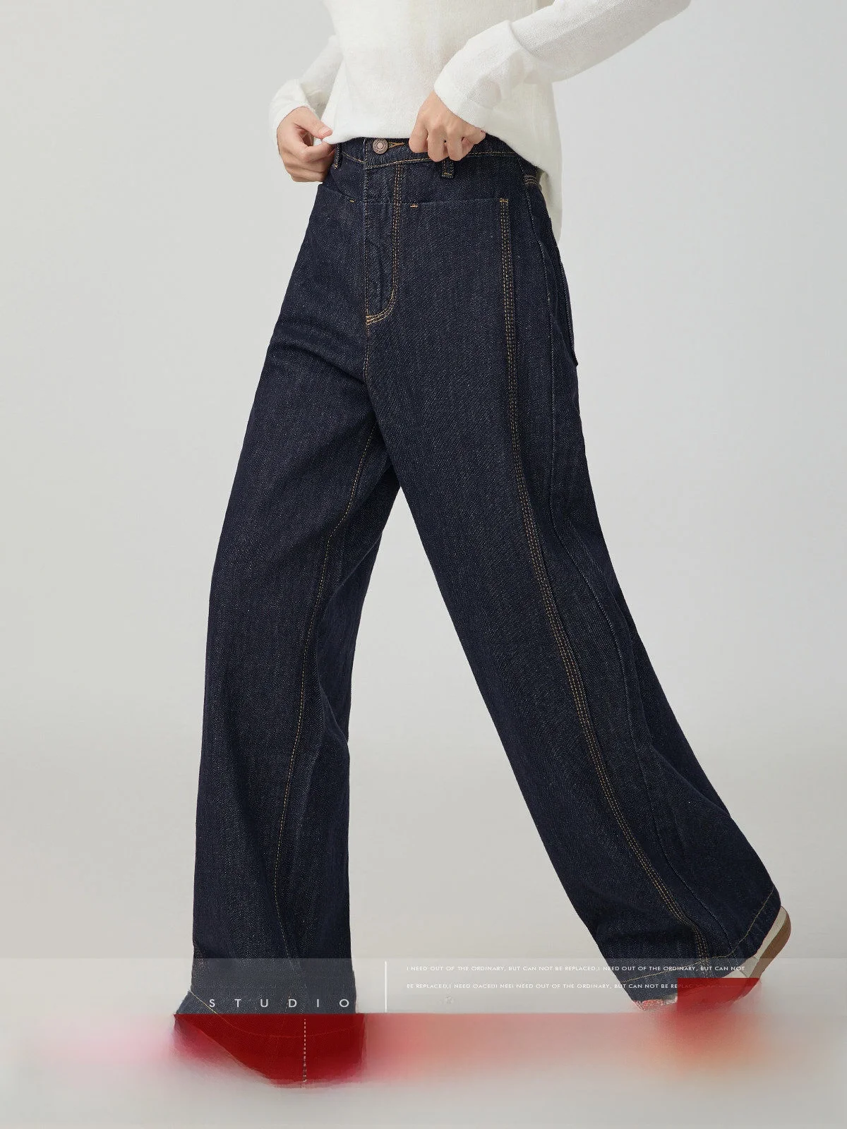 

MoZa винтажные темно-синие потертые женские джинсы с высокой талией, прямой дизайн, осенние новые повседневные широкие брюки